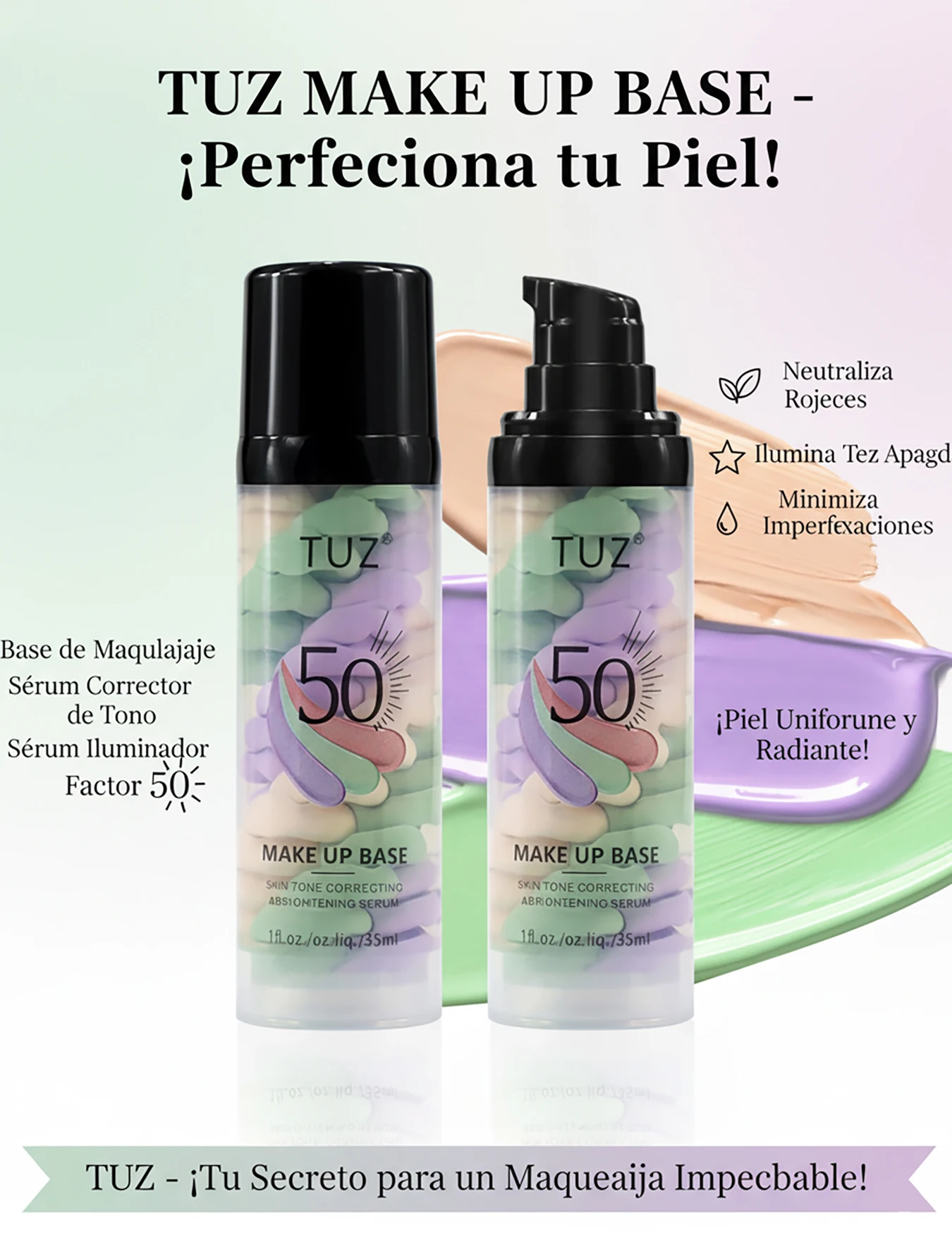 TUZ Make Up Base 5 en 1 SPF50 PA+++ 35ml – Prebase facial con perlas tricolor que hidrata, corrige, ilumina y protege. Unifica el tono, suaviza imperfecciones y prolonga el maquillaje con acabado radiante