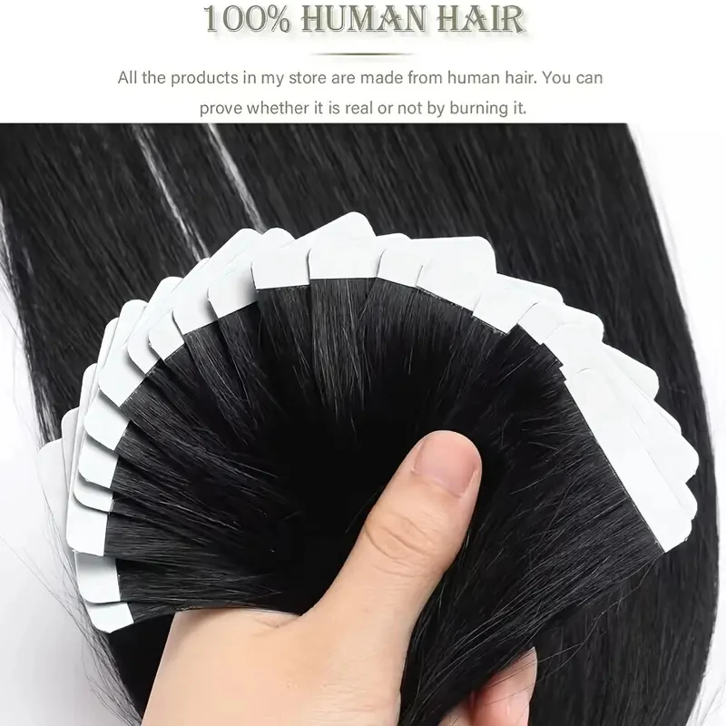 Alimice Remy Straight Tape In Hair Extensions  #1B Human Hair 50g Invisible Tape In Hair Extensions 20pcs For Women