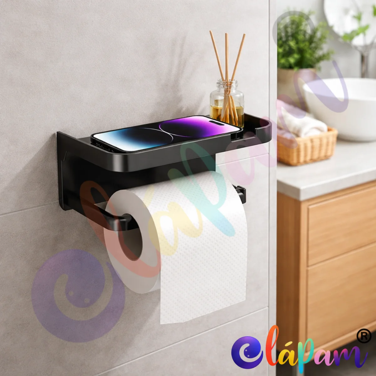 Suporte Porta Papel Higiênico com Prateleira Porta Celular Sem Furo Fixação Adesiva, Sem Furos, Banheiro Moderno Multifuncional