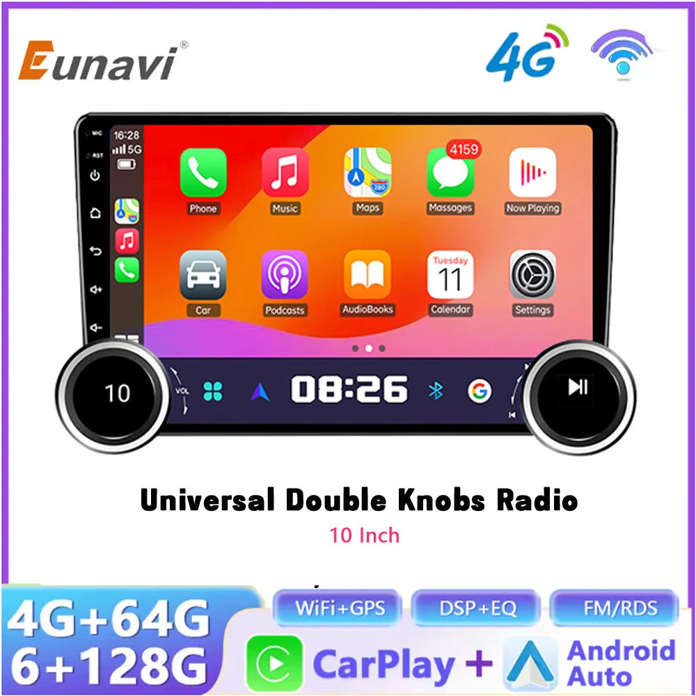 Schermo multimediale universale da 10" con lettore video Wi-Fi, schermo Carplay wireless, doppia manopola, autoradio Android per Apple o Android