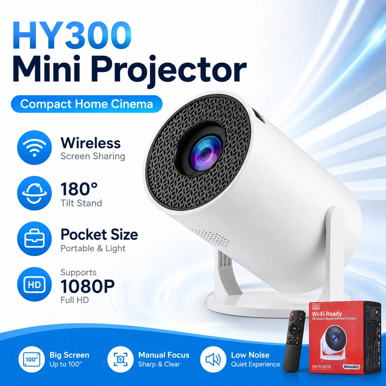 HY300 tragbarer Projektor, 100-Zoll kabelloser Bildschirm, 50 ANSI Lumen, elektronische Trapezkorrektur, eingebauter Lautsprecher, unterstützt 1080P, LCD-Projektor