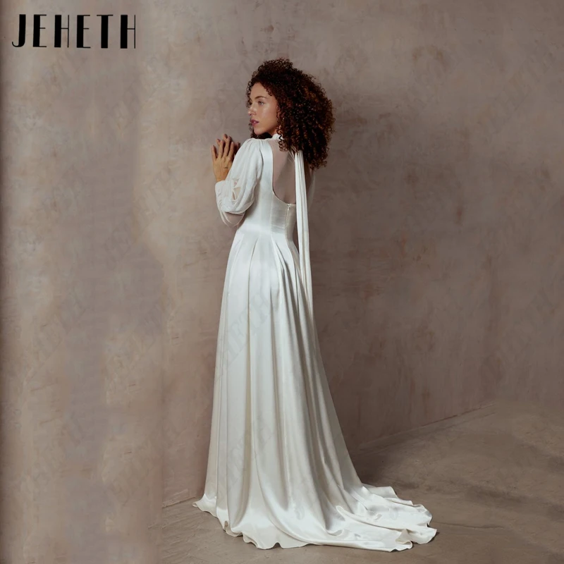 JEHETH Lantern Sleeves High Neck Wedding Dress For Women A-Line Satin Bridal Gowns Vintage Illusion Vestidos De Novia Customize