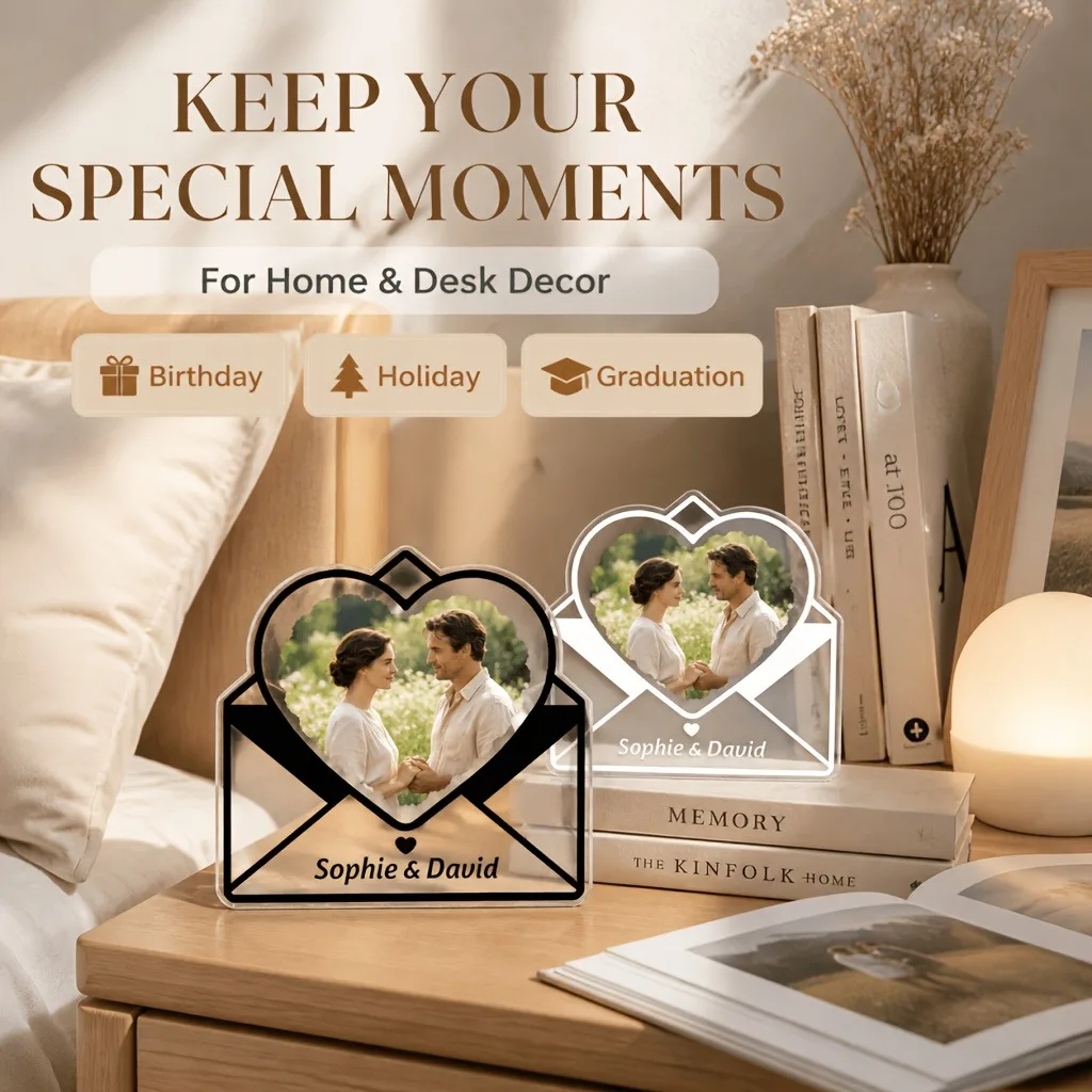 [2D flat] Custom heart-shaped photo acrylic block, envelope style, desktop decoration. Personalize it with your photos and text