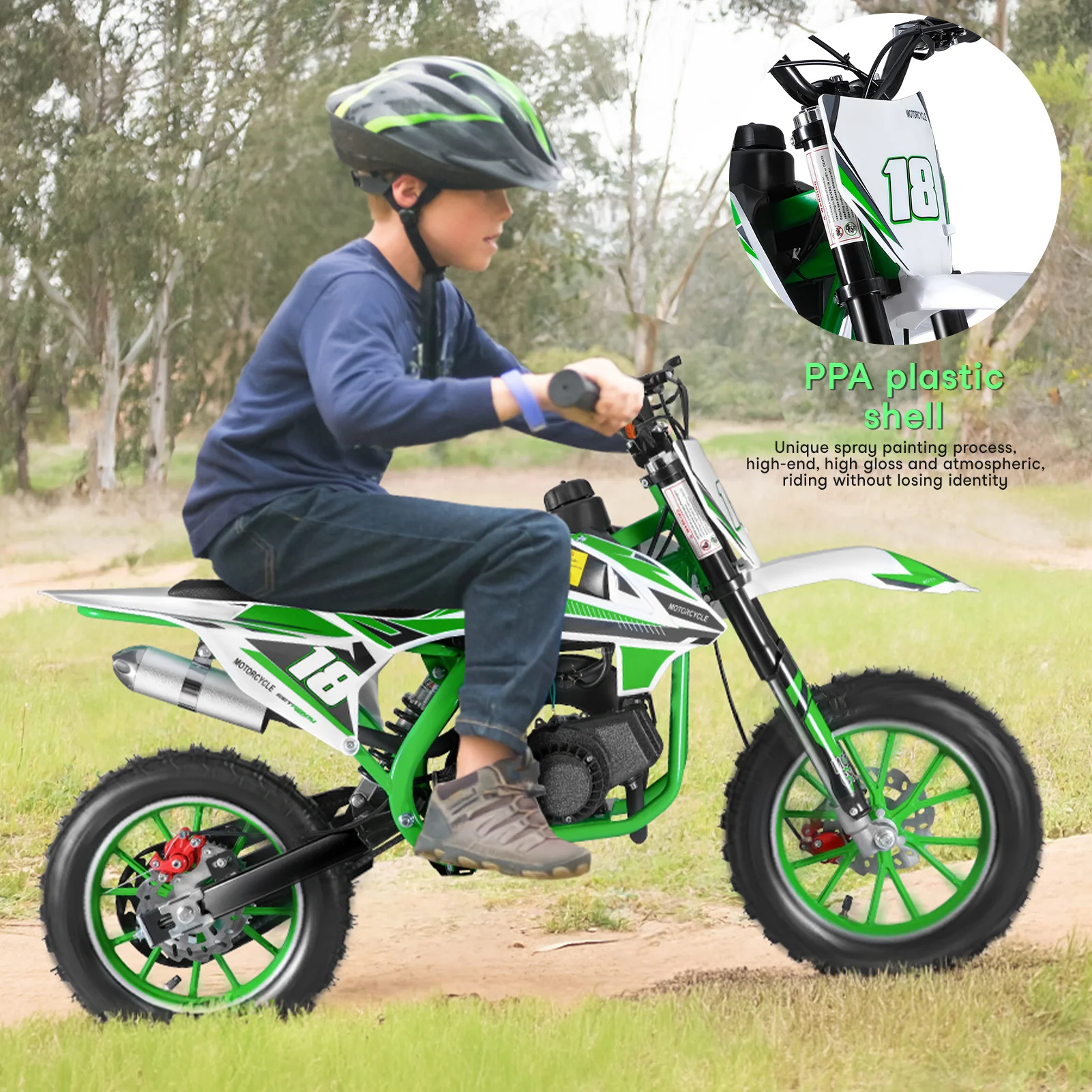 49cc Kids Gas Dirt Bike, 2-Stroke Gas Power Motocross, Off Road Mini Motorcycle, Pocket Motorbike with Front Rear Disc Brakes