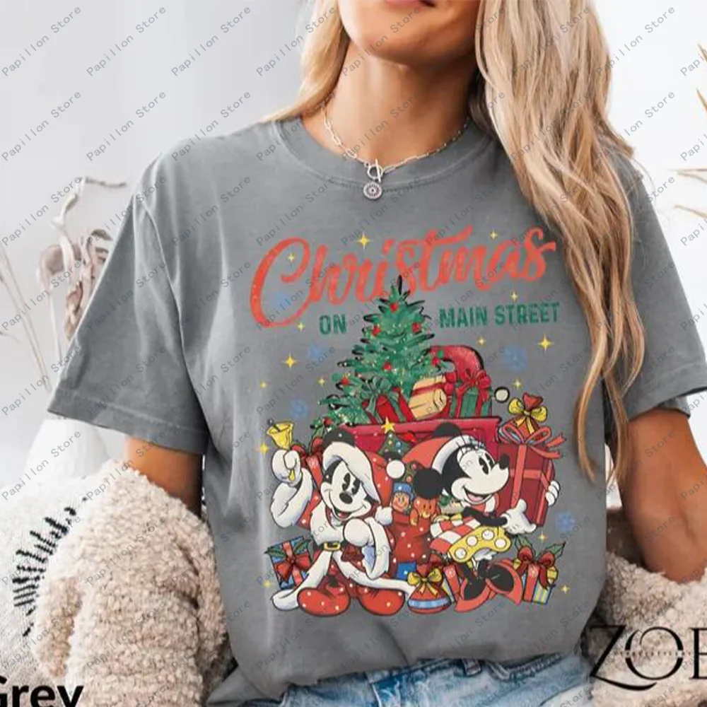 Comfort Colors Vintage Mickey Minnie Disney Girls Tops Main Street Cotton Shirt Disney Christmas Tee Tree Merry Party Gift Hot