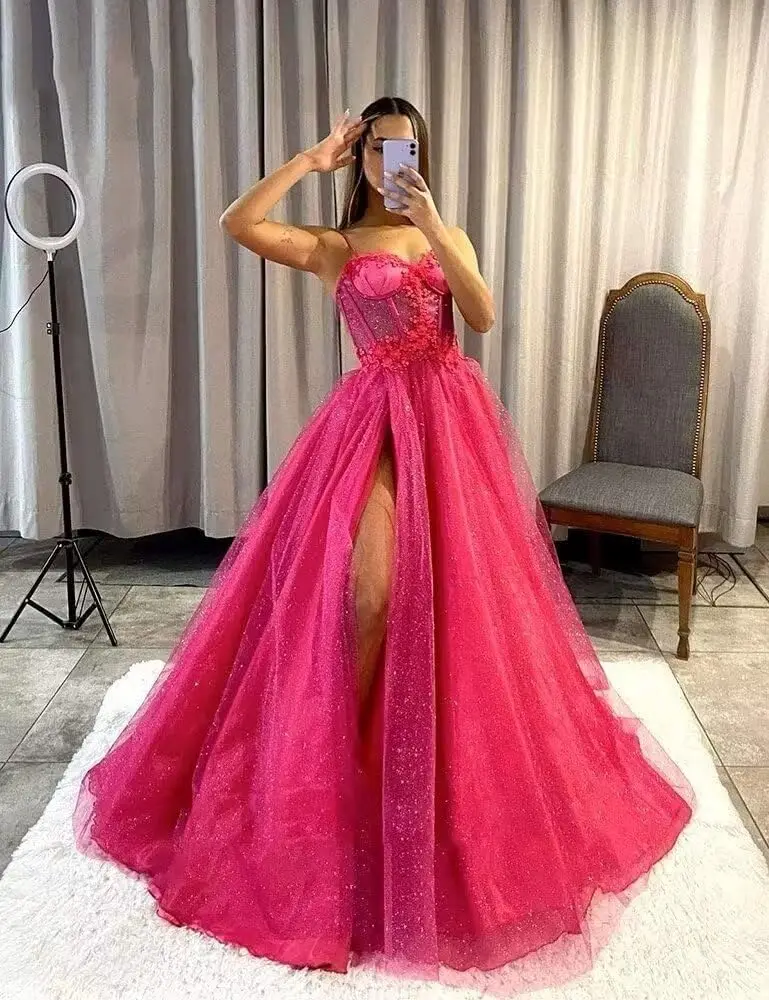 

Glitter A-Line Tulle Prom Dresses Long With Slit Sweetheart Spaghetti Straps Corset Evening Party Gowns For Special Occasions