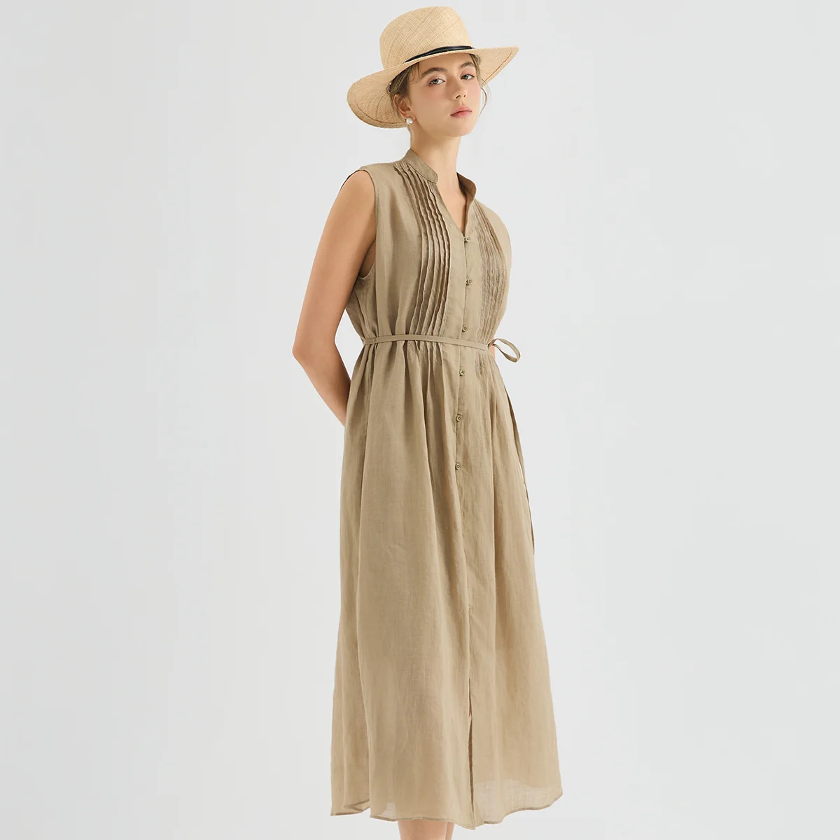 KT9613745 Luxury Chic Pleat Shirt Dress Women's 100% Ramie Breathable Cotton Lining Single Breasted Maxi Gown