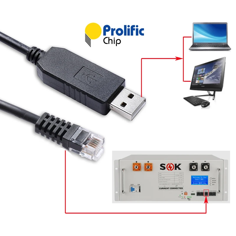 Cabo de Comunicação Sk-Serial, Bateria SK48v100, RS232, Prolific, USB, RS232 para RJ11, 6P6C