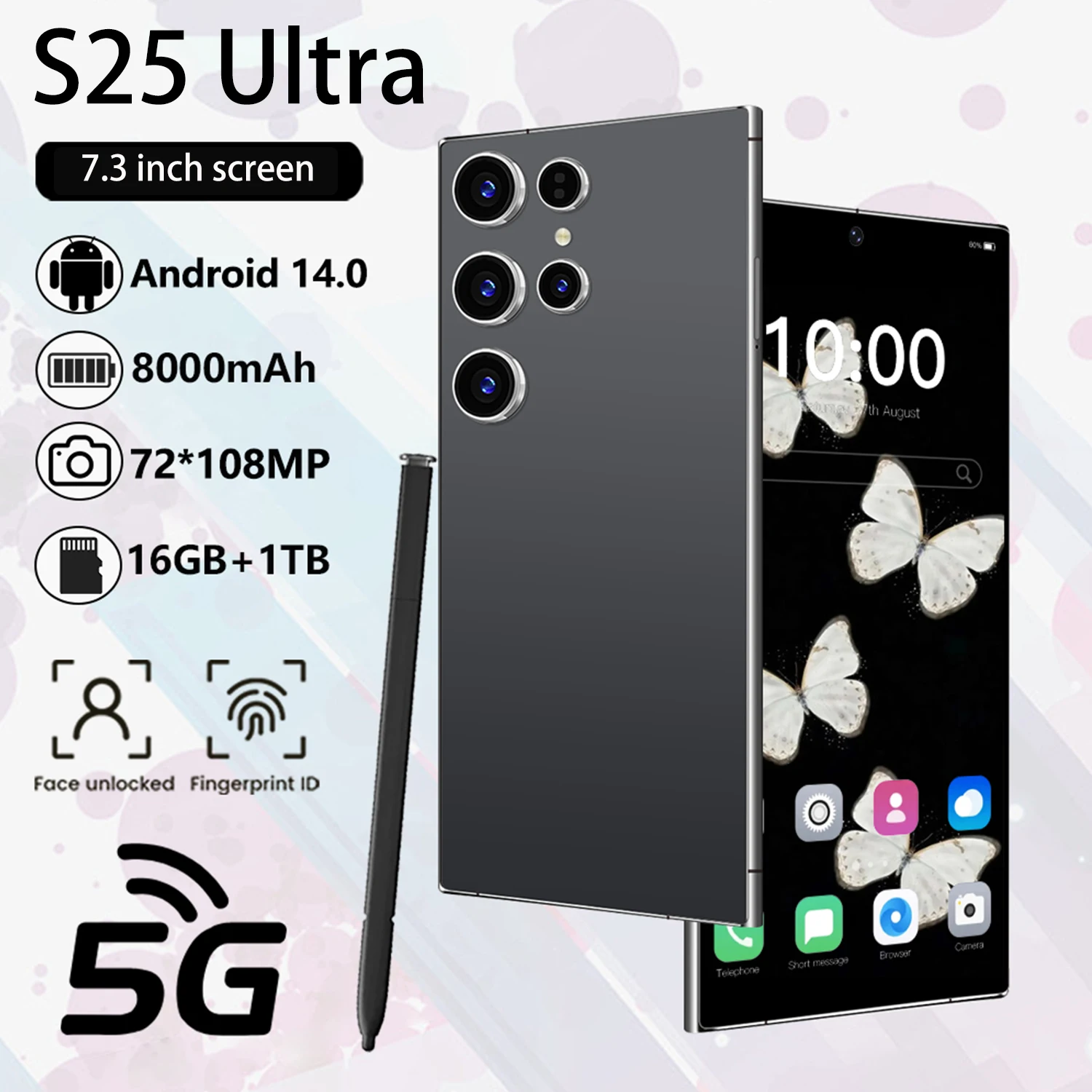 

New S25 Ultra 2025 Hot 7.3inch HD Global Android 14 Edition Dual Card 8000mAh Battery Facial Recognition Function