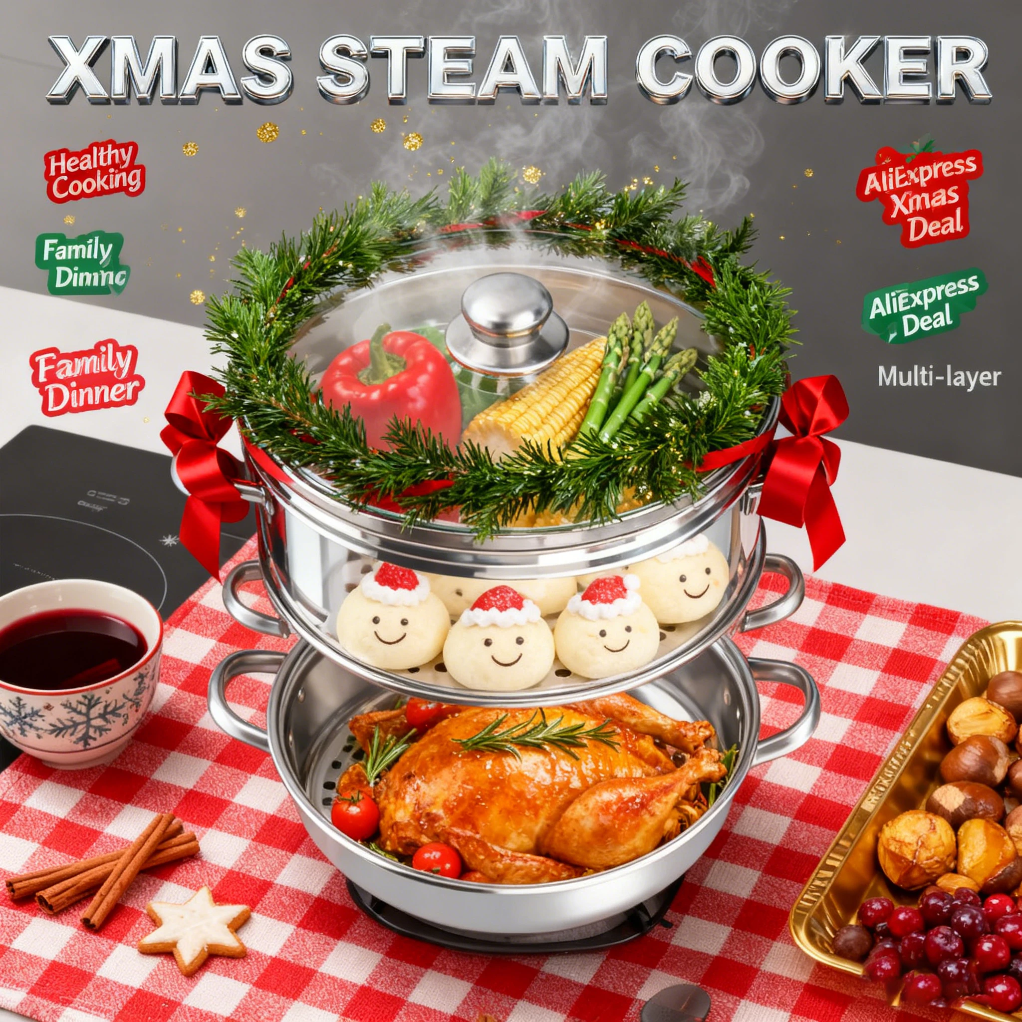 

5-Layer Kitchen Stainless Steel Steamer Round Steamer 30cm Diameter Suitable for Various Stoves for Seafood, Fish, Shellfish