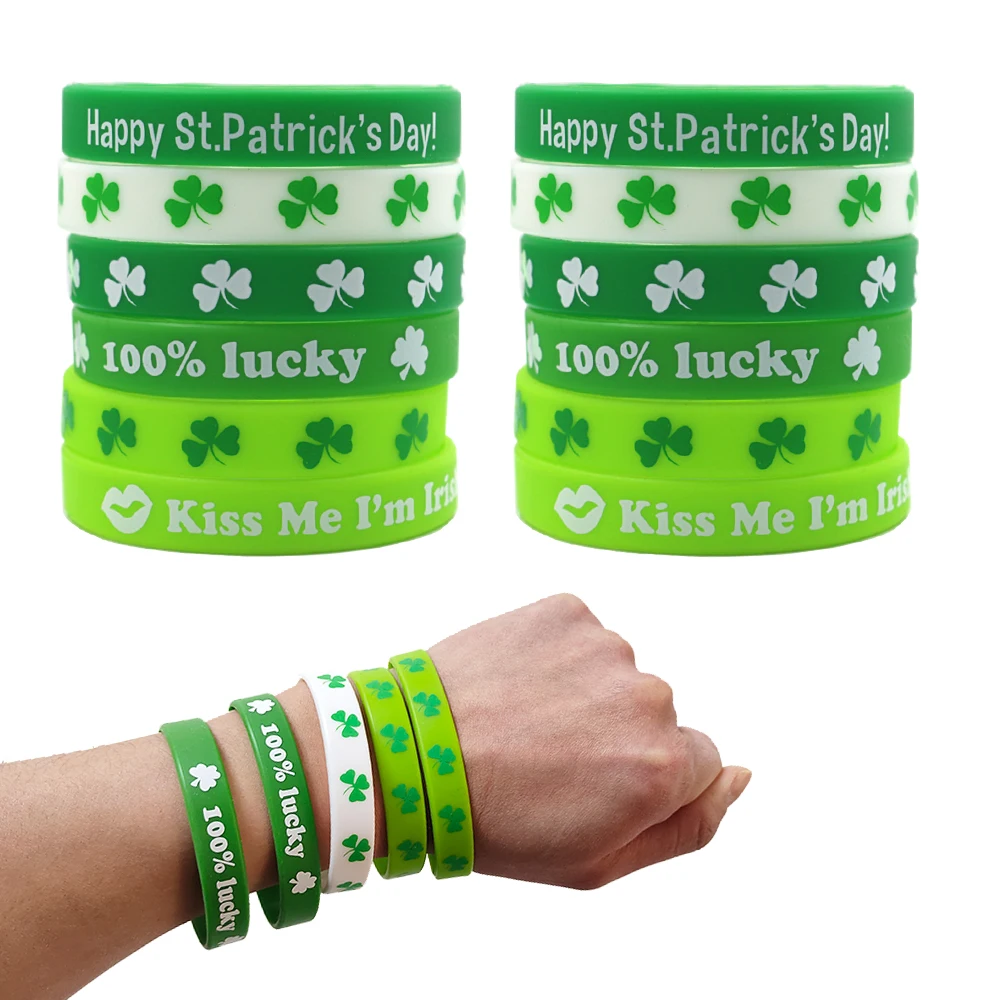 10 قطعة أساور عيد القديس باتريك سوار معصم من السيليكون الأيرلندية عطلة محظوظ الأخضر أساور لوازم الديكور عيد القديس باتريك