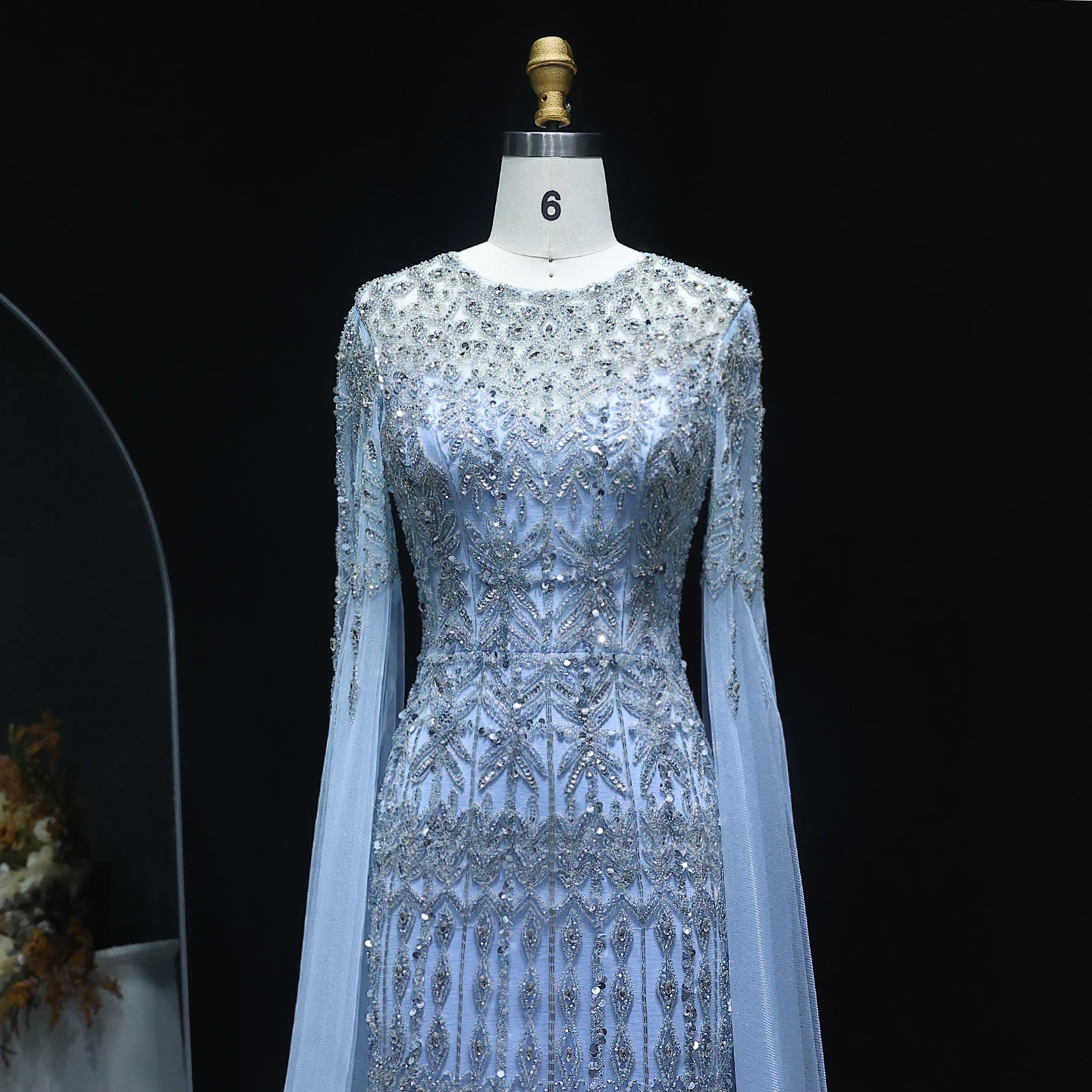 Sharon Said Luxuriöses Dubai Champagner Meerjungfrauen-Abendkleid mit Cape-Ärmeln Arabisches Formelles Hochzeits-Party-Ballkleid SS044 Maßanfertigung – Detail 10