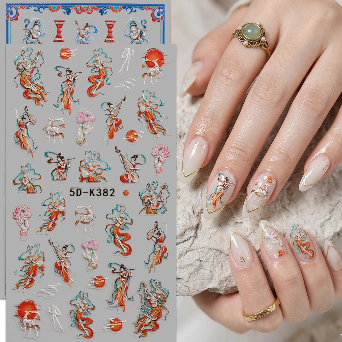 5D Embossed Flying Apsaras Nail Stickers, Retro Chinese Styl