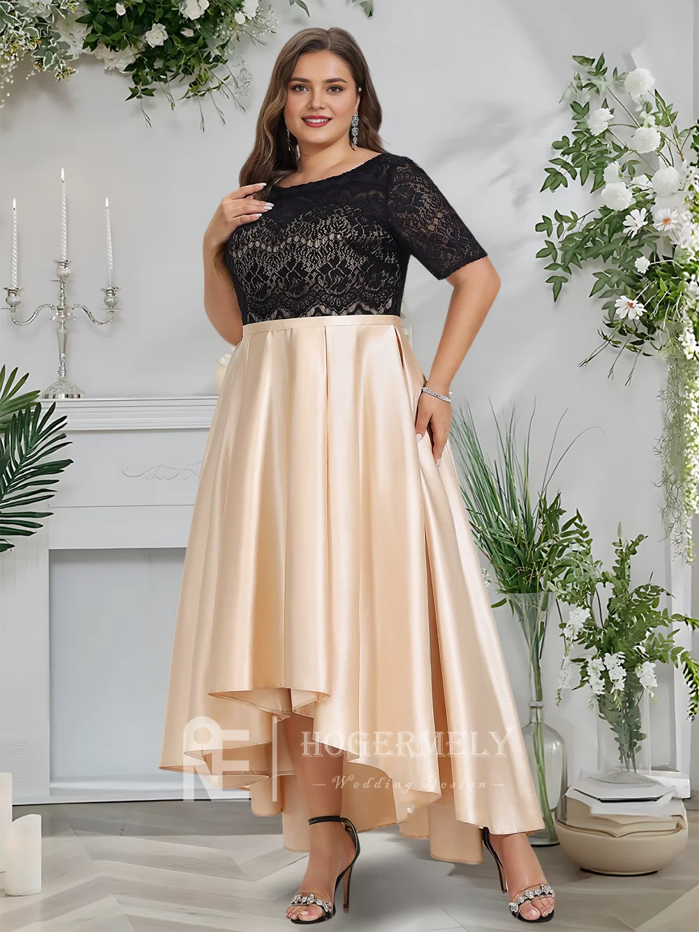 Вечернее платье цвета шампанского, асимметричное атласное кружевное платье для выпускного вечера, 2022, элегантное вечернее платье с короткими рукавами и половиной рукавов Woma