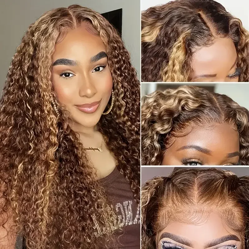 30Inch Highlight Honey Brown Curly Lace Front Human Hair Wigs 13x6 13x4 Ombre Colored kinky curly Lace Frontal Wig Pre Plucked