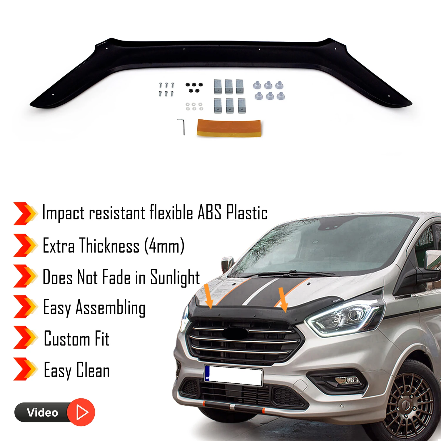 Hood Deflector Guard for Ford Tourneo Custom (2018+) Bug Shield Bonnet Protector / 4 mm thickness and ultra-durable material