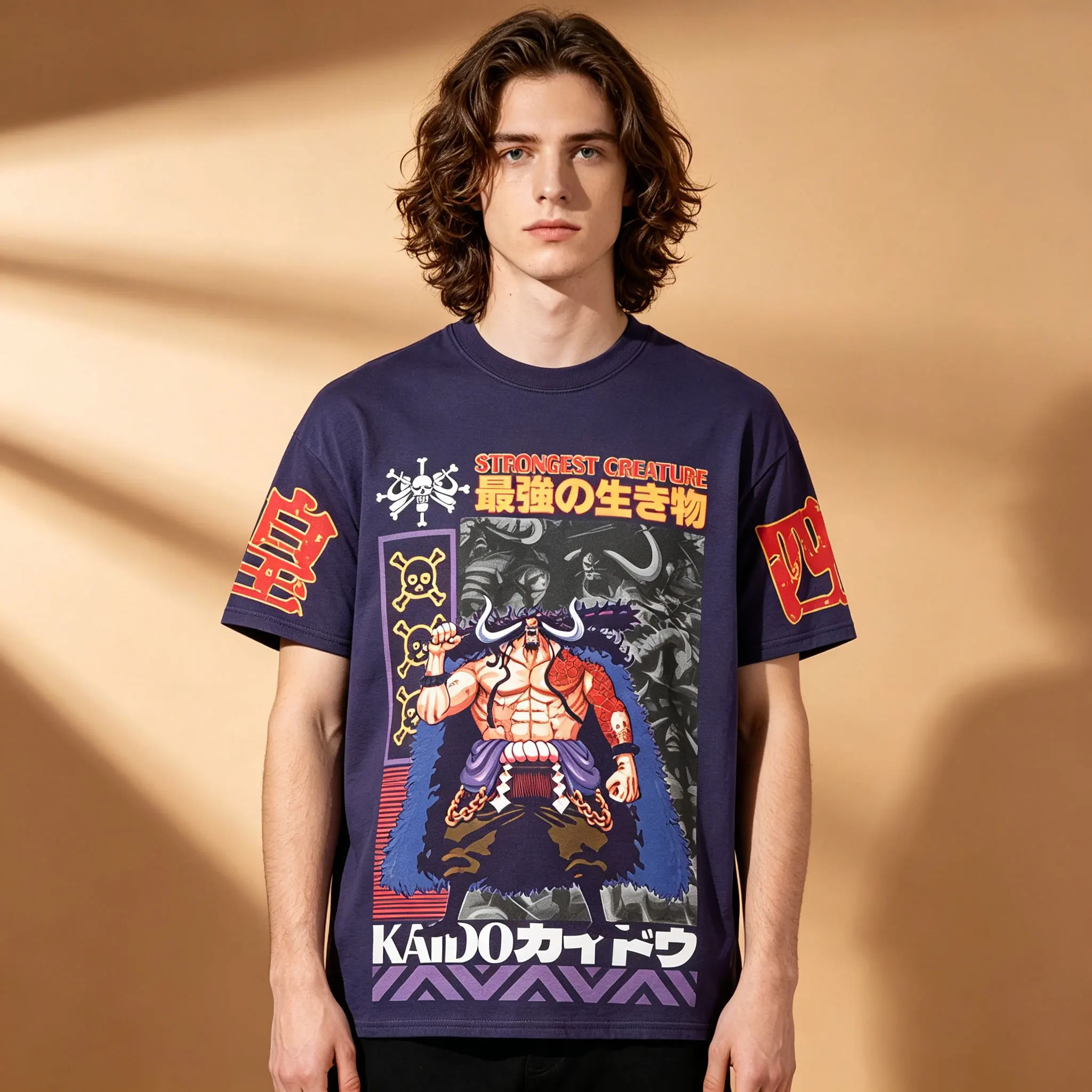 Herren-T-Shirt „One Piece Kaido Strongest Creature“ mit japanischem Text und Totenkopf-Ärmeldruck, atmungsaktiv, schnell trocknend, hochelastisch, Rundhalsausschnitt A