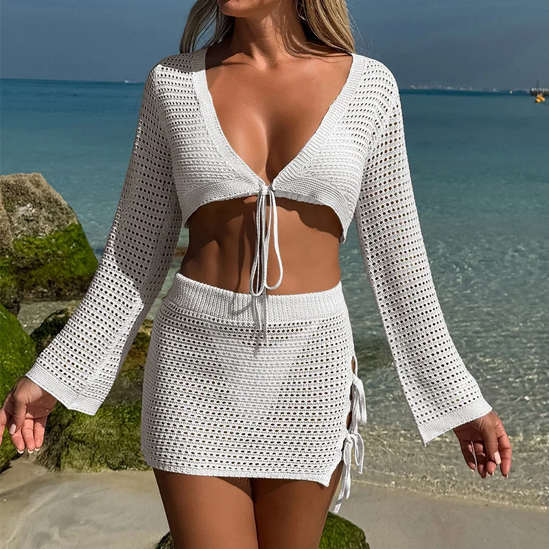 2-teiliges langärmliges Mini-Strandkleid für Damen, Strick-Bikini-Vertuschung, sexy tiefes V-Schnür-Crop-Top und Kordelzugrock, unterer Wickel