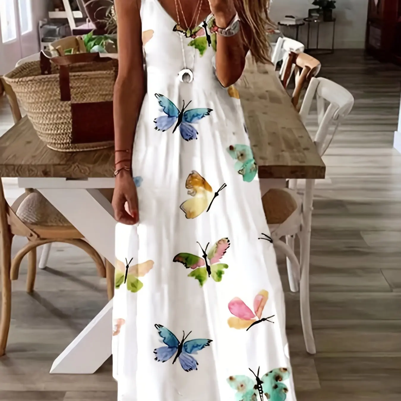 Summer Fresh Flower Print Beach Vacation Casual Suspender Dress Fashionable Casual Sleeveless Loose Suspender Long Skirt