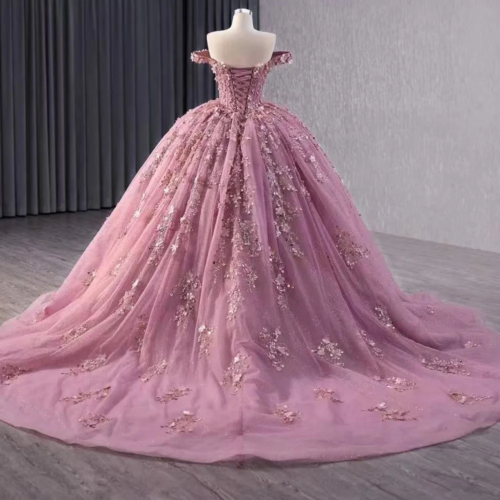 Vestidos De 15 con hombros descubiertos, apliques De novia con lentejuelas y cordones en la espalda, Vestidos morados para fiesta De lujo