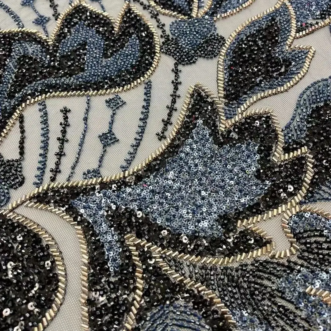 New High Quality African French Sequins Net Lace Fabric Beaded Embroidery Nigerian Lace Fabric For Wedding Party Dress 5 Yards