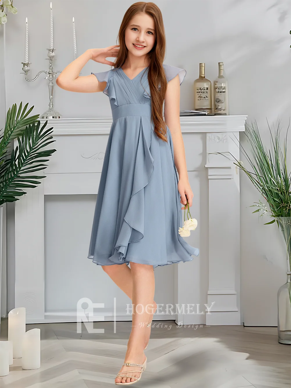 

B Blue V Neck Junior Bridesmaid Dress Flower Girl Dress Chiffon Knee Length With Stylish Ruffles For Girls Formal Wear