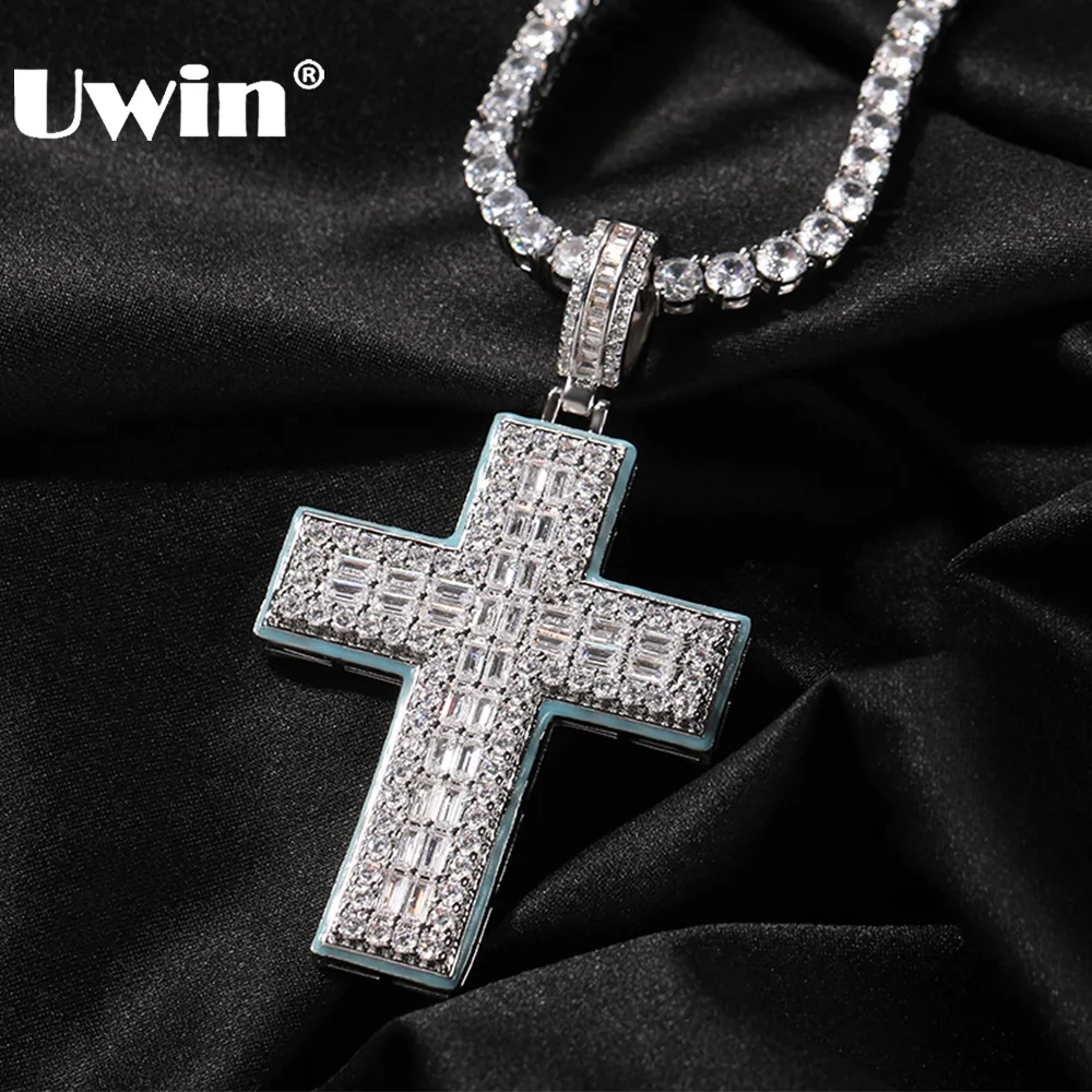 UWIN Glow in the Dark Cross Pendant Necklace for Women Iced Out Baguettecz Cross Charms Fashion Hip Hop Jewelry for Gift