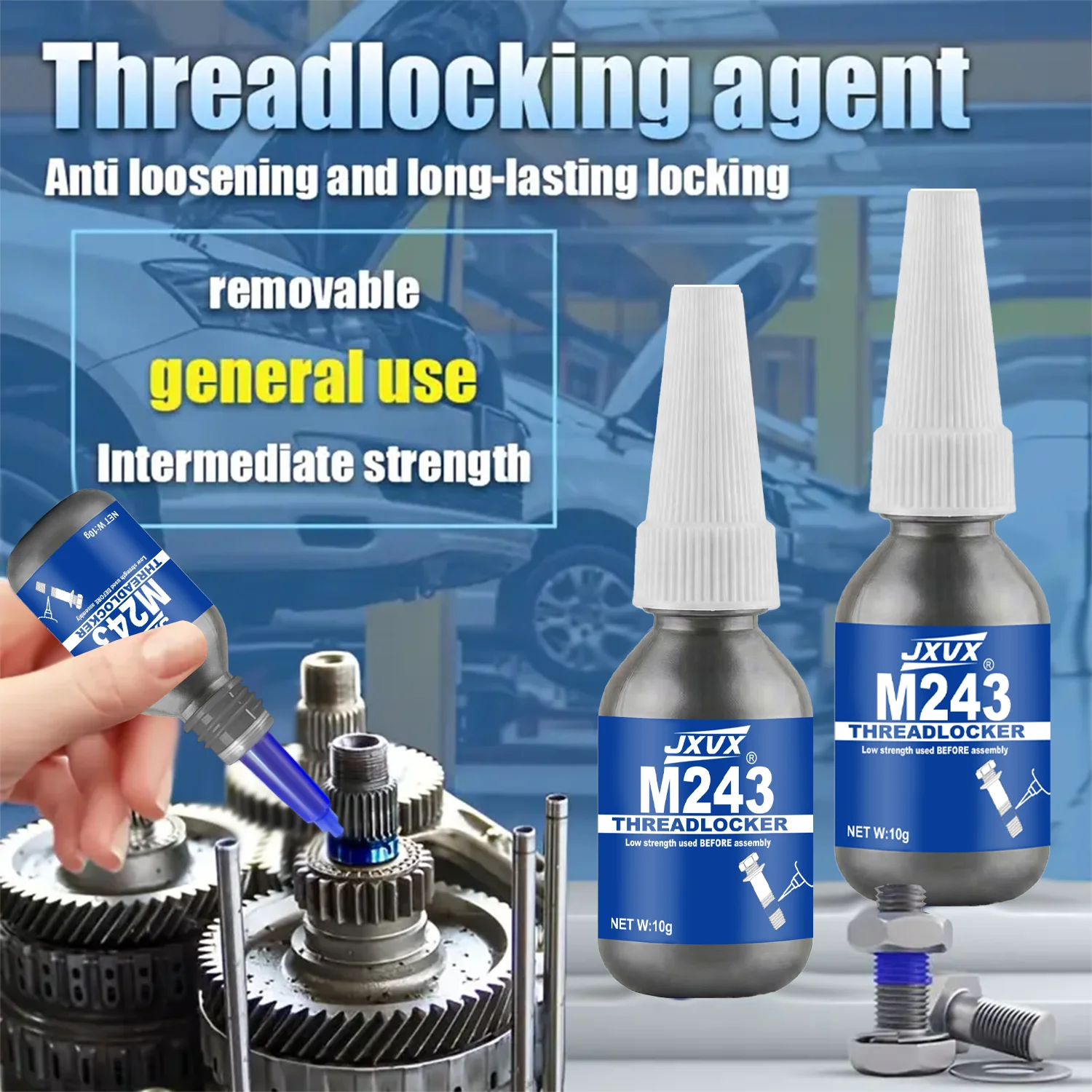 243 screw locking agent, blue screw glue,Medium Strength Anaerobic Adhesive, Quick-drying Threadlocker, anti loosening Suitable on metal bolts, nuts and screws, performance in automotive, machinery, electronics.
