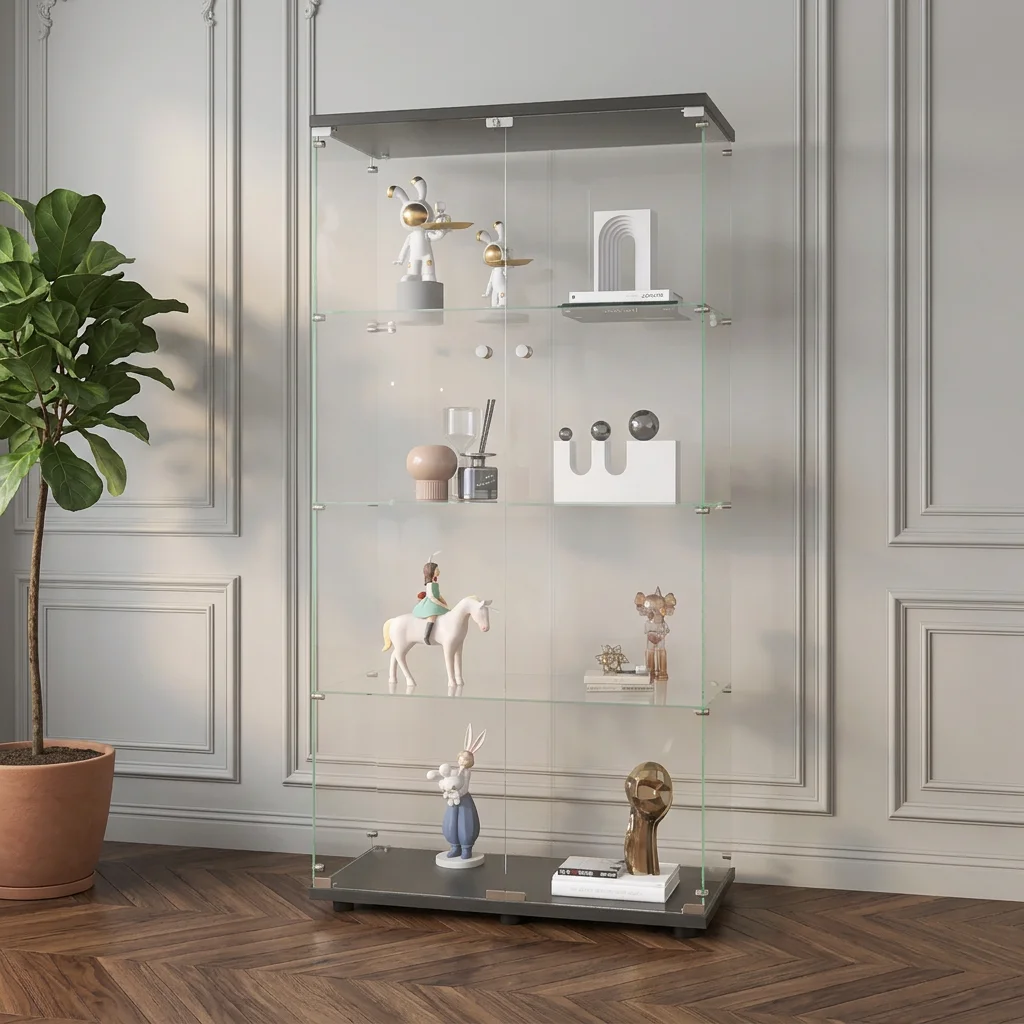 Image of Anajqaqia 4-stufige Glasvitrine, Moderne Wohnzimmer-Vitrine mit 2 Türen und Schlössern, Aufbewahrungsschrank für Sammlerstücke, Schwarz