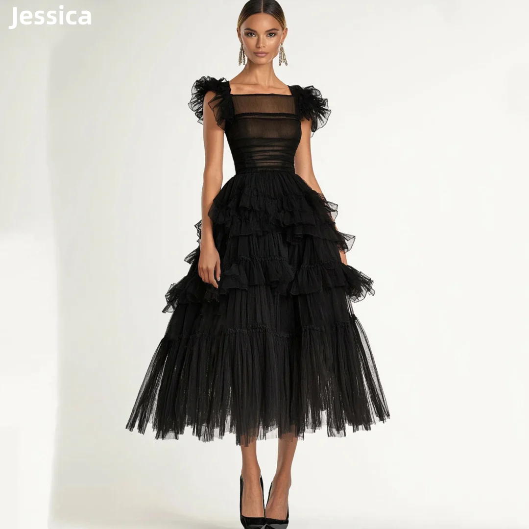 Jessica Abiti da sera prospettici neri Abiti da ballo multistrato in tulle alla caviglia Abiti da cerimonia personalizzati