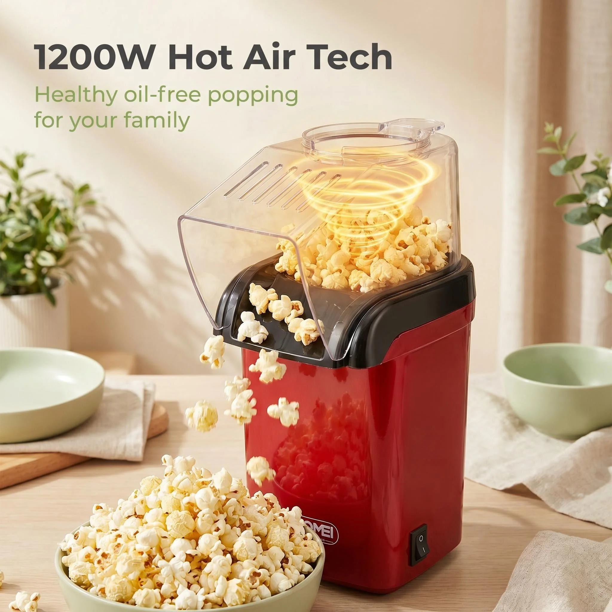 Máquina para Hacer Palomitas de Maíz Eléctrica de 1200W, Sin Aceite, Rápida y Saludable para el Hogar y Fiestas
