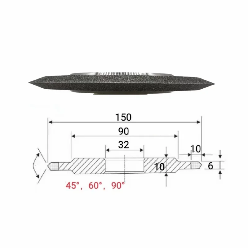 

Алмазный шлифовальный круг с двойной фаской для керамики, винт с резьбой из вольфрамовой стали, 150 мм, Dx32 мм, отверстие 45/60/90 градусов