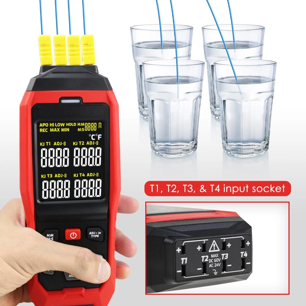 4-Kanal-Thermoelement-Thermometer vom Typ K/J -200 ~ 1372 ℃   -328~2501 ℉   Digitales Messgerät, 5000 Gruppen, Datenspeicherung, 4-Kanal-Display