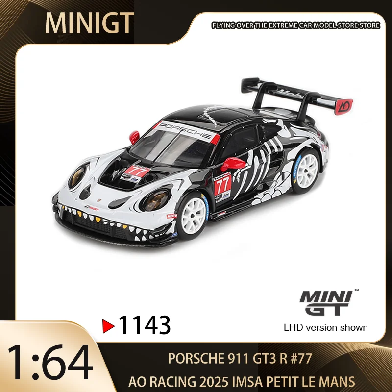 

МИНИГЦ 1/64 Porsche 911 GT3 R # 77 AO Racing 2025 IMSA Petit Le Mans из сплава премиум-класса, литая под давлением модель автомобиля, игрушки, коллекционные