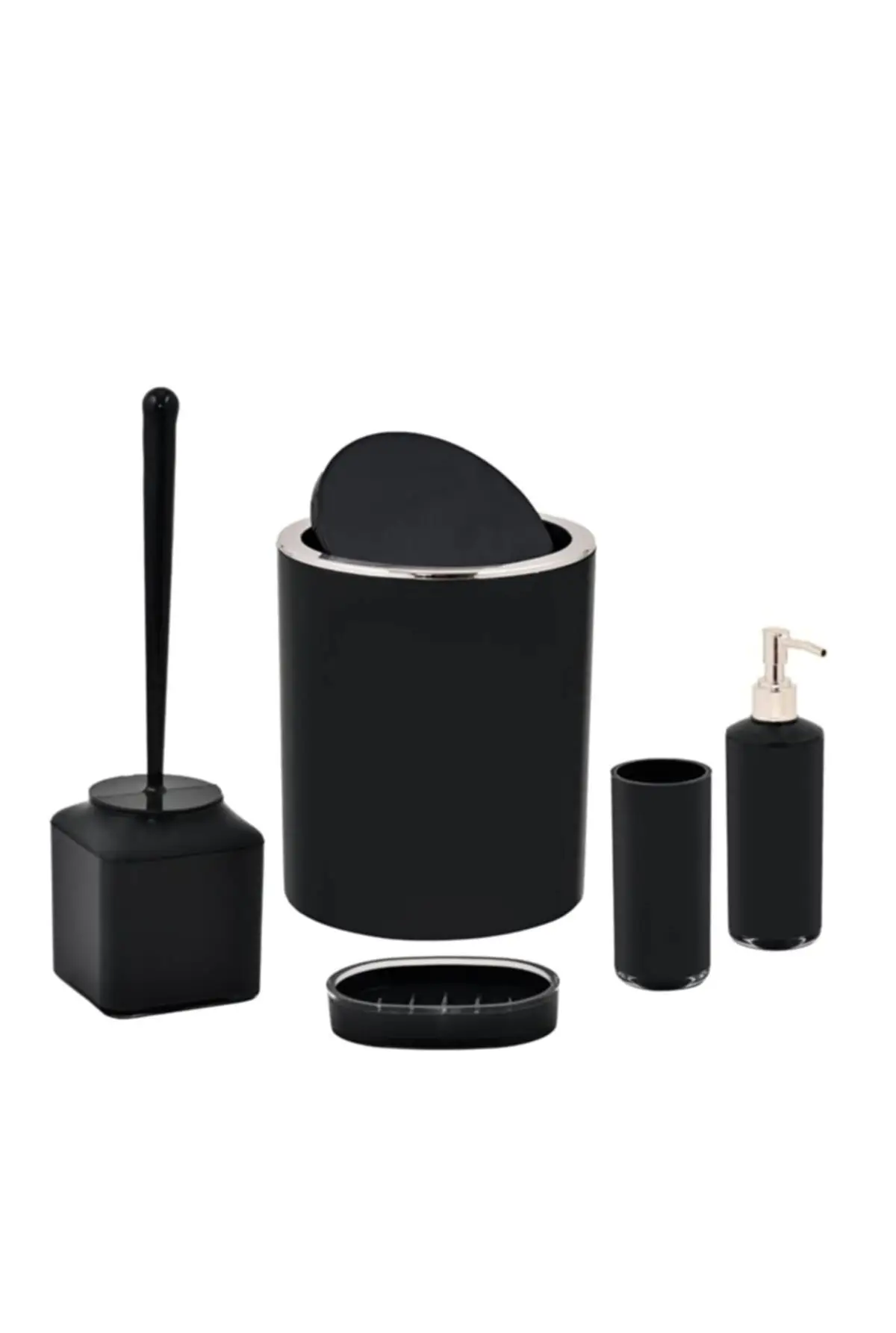 

Bathroom Accessory Set Black Silver 5 Pcs Acrylic Lux Toothbrush Holder Liquid And Solid Soap Dispenser Toilet Brush Trash Can