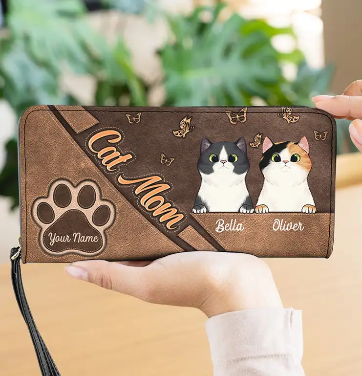 Personalized Cat Mom Pu Leather Cutch Purse Cusom Name Wallets For Women High Quality Small Money Bag Monedero Mujer