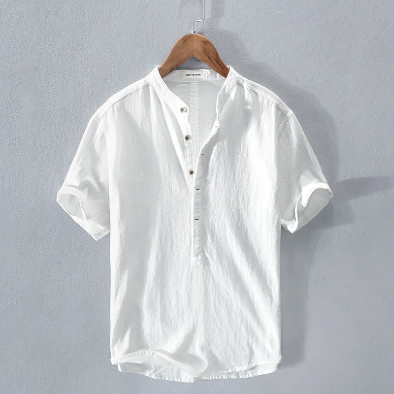 2022 New white shirt men short sleeve 100% linen shirts tops fashion Stitching summer Breathable solid shirt man chemise homme