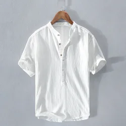 2022 New white shirt men short sleeve 100% linen shirts tops fashion Stitching summer Breathable solid shirt man chemise homme