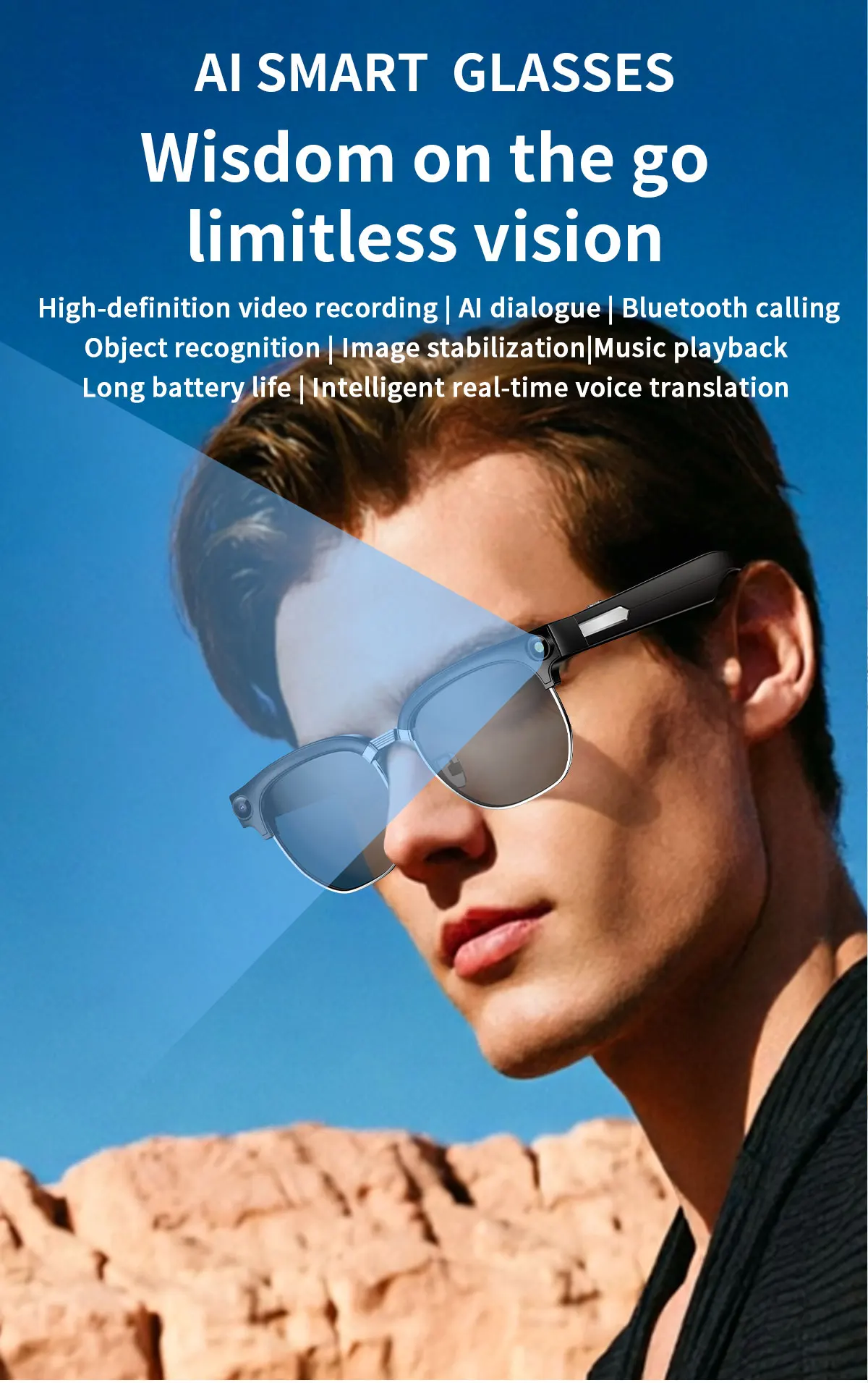 Умные очки QINO AI с камерой 4K, голосовым помощником ChatGPT, Bluetooth-звонками, AI-переводом, аудиосистемой Open Ear, камерой 13 МП, IP54
