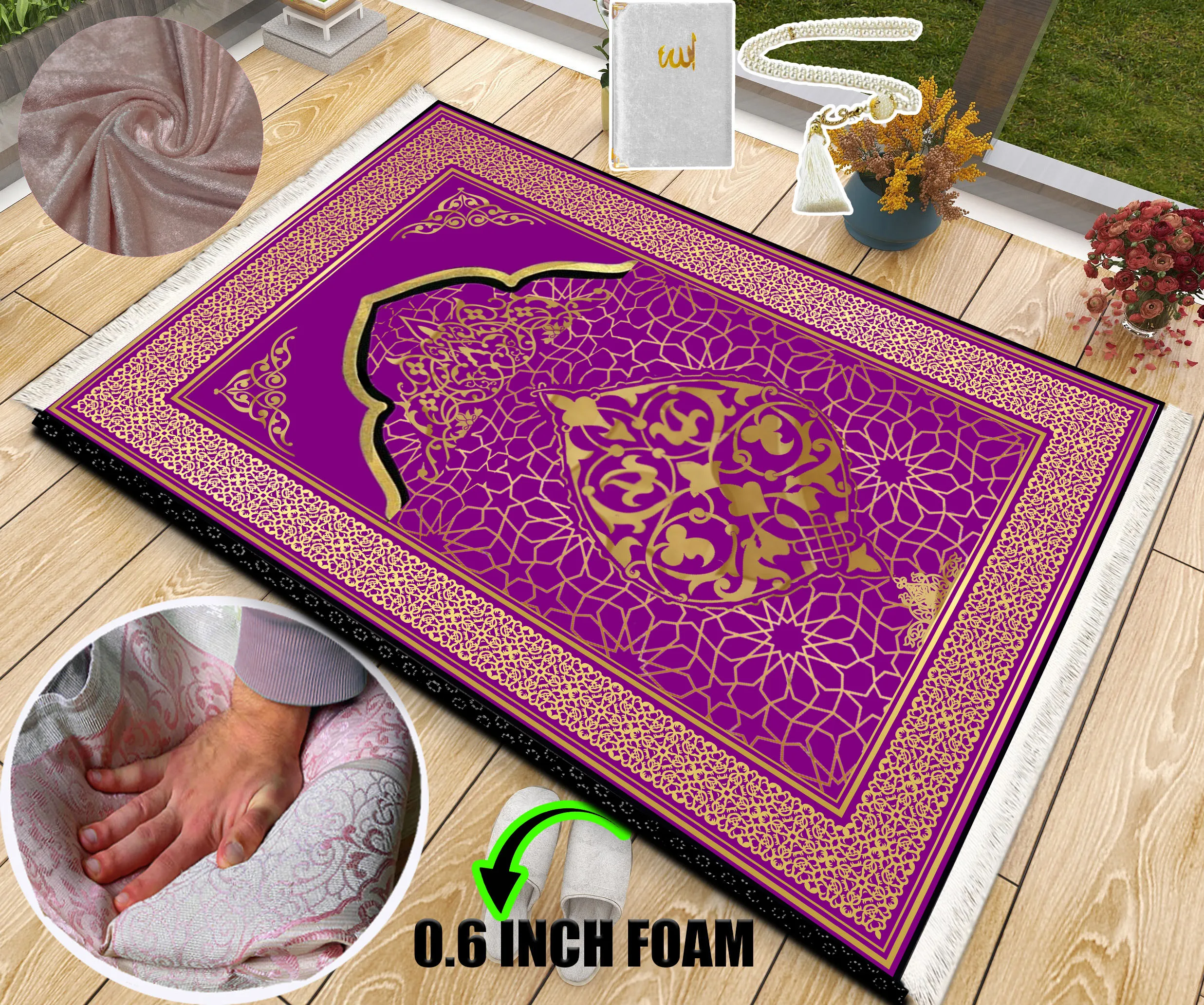 

Extra Thick Foam Padded Turkish Purple Gold Prayer Rug, Luxury Yaseen, Soft Praying Mat Carpet & Pearl Tasbeeh, İslamic Gift Set