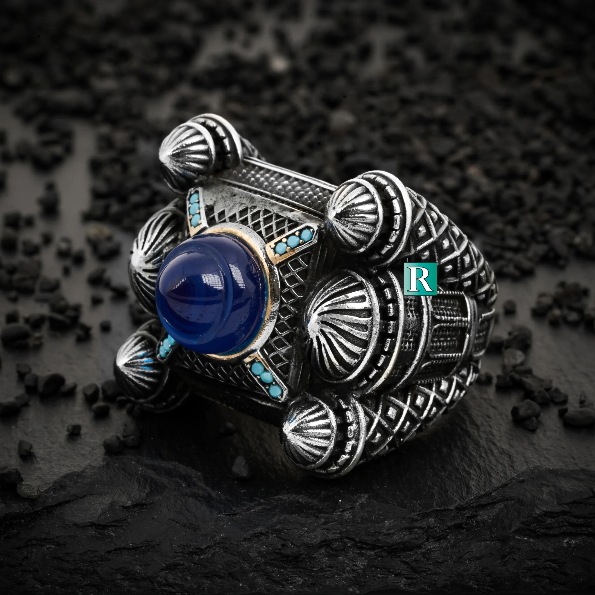 

Genuine silver mosque islamic ring zircon stone 925 caliber handcrafted by Istanbul heavy handwork black onyx blue tiger eye