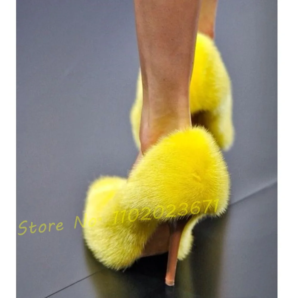 Yellow Fluff Pointy Heels Pumps Women Elegant Catwalk Luxury Fur High Heel Shoes 2022 Chic Pumps Ladies Summer Party Dress Pumps