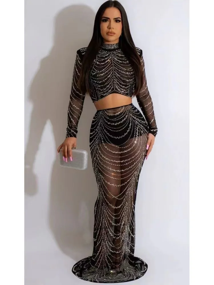 

2024 High Quality Summer Black Sexy Perspective Water Diamond Short Top High Waist Half Skirt Two Piece Set Elegant Fashion Part