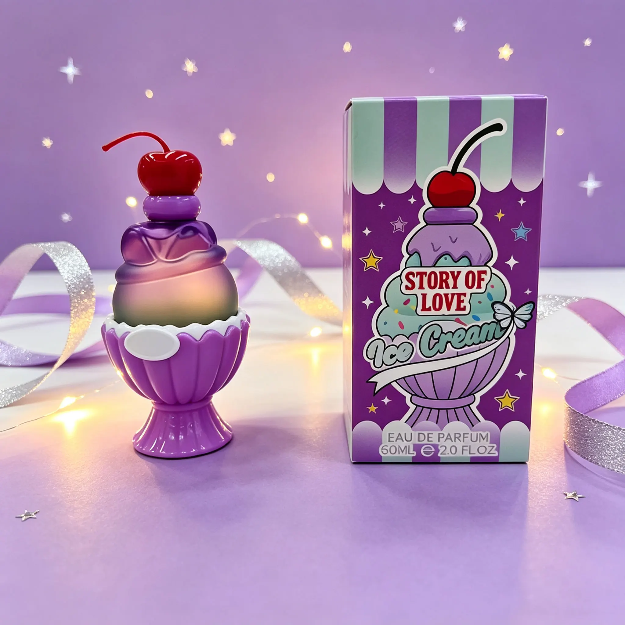Cute Ice Cream Shaped Eau De Parfum 60ml, Sweet Long Lasting Floral Fruity Fragrance, Kawaii Cherry Decor Perfume Bottle, Exquisite Cartoon Gift Box for Women Girls Birthday Valentine Gift