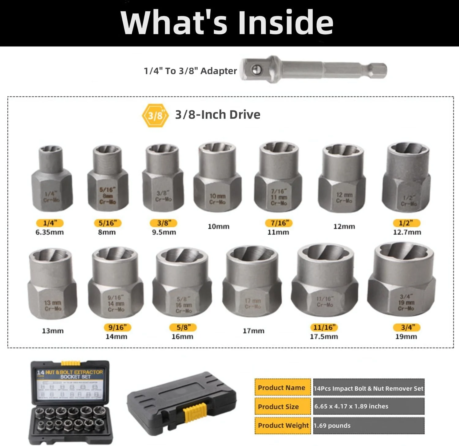 مجموعة مستخرج البراغي، مقابس تويست مزيل الجوز المقطوعة، تناسب محرك مربع 3/8 بوصة مع حقيبة تخزين صلبة (14 قطعة، أسود)