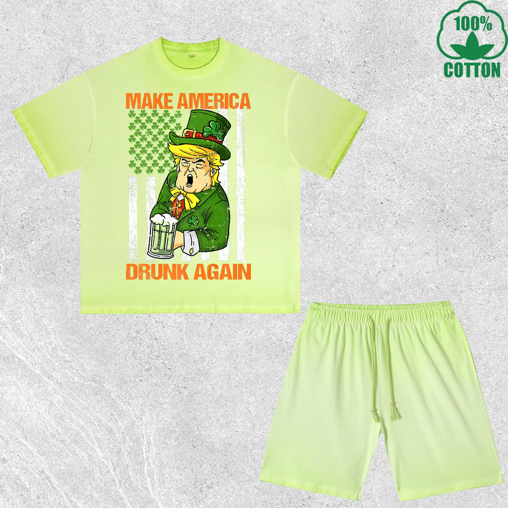 

Make America Drunk Again Printed Dirty Wash T-Shirt Shorts Set Multicolor Combo Loose Trendy Fashionable 100%Cotton Short