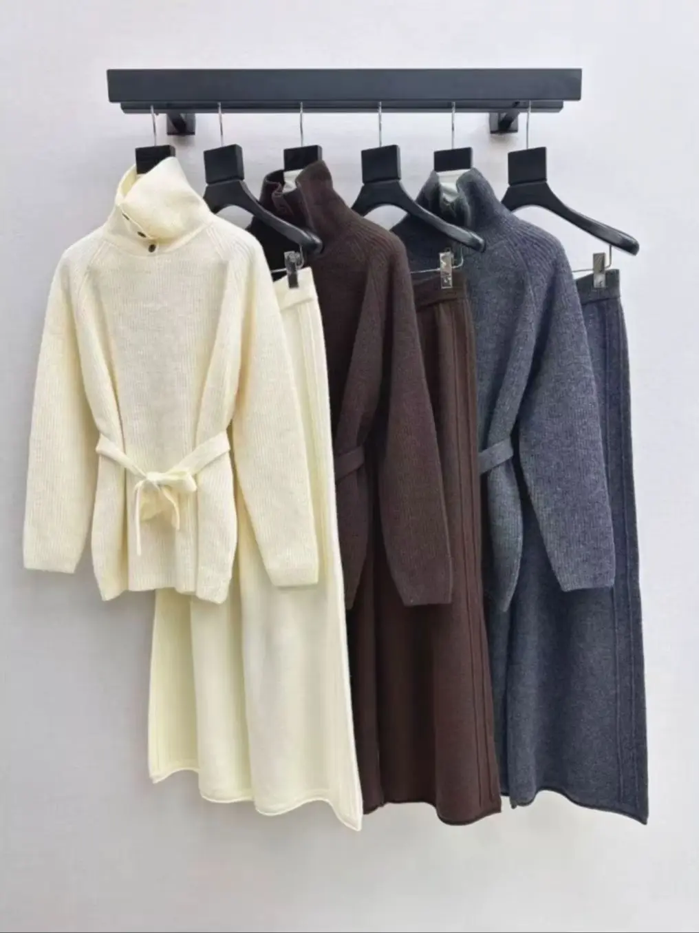 Autumn and Winter High Neck Belt Decorative Sweater and Loose Waist Straight Pants Set