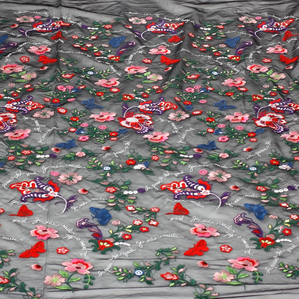 HelluyerDc colorfull Little flowers bullerflies,mixed on Black tulle embroidery lace fabdric,for fashion,weekend,prom dress