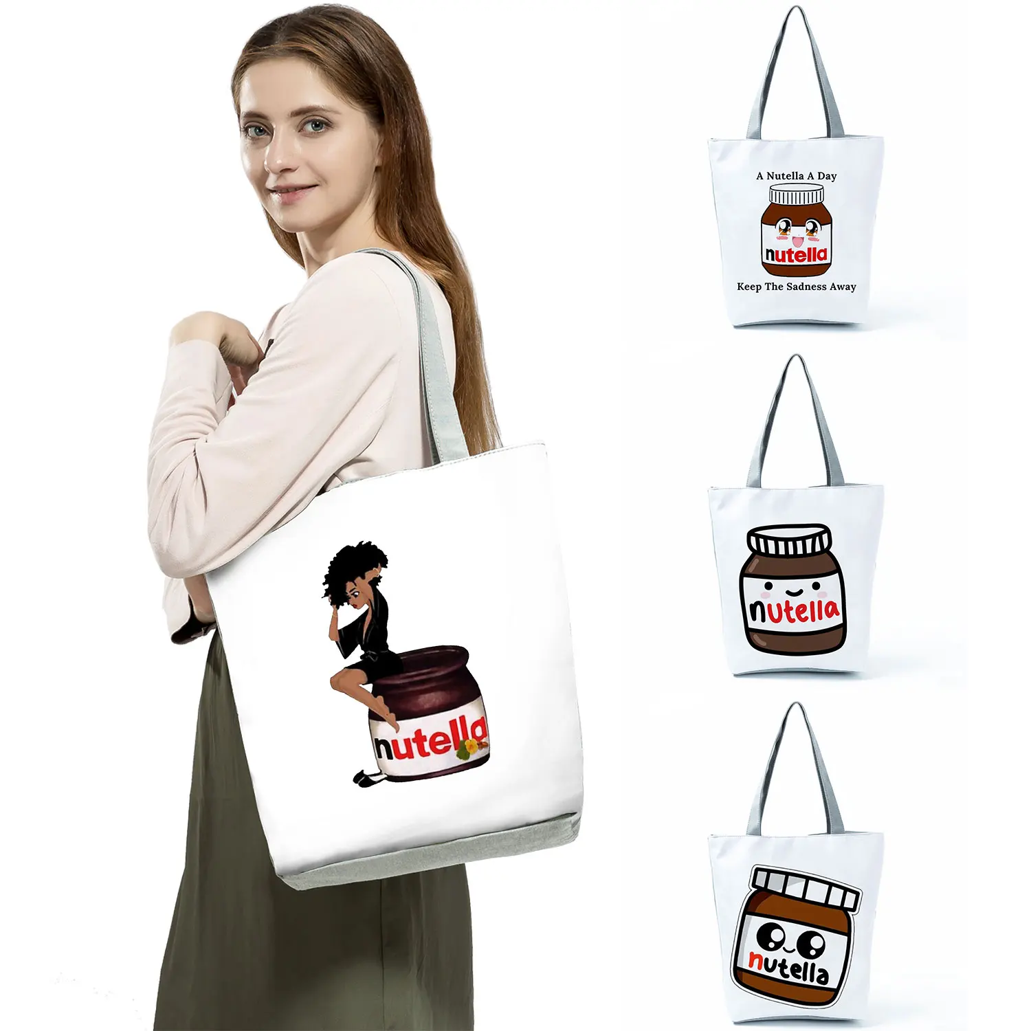 Cartoon Pattern Peanut Butter Fashion Print Tote Bag Eco Friendly Portable Shopping Bag Outdoor Beach Travel Women Shoulder Bag