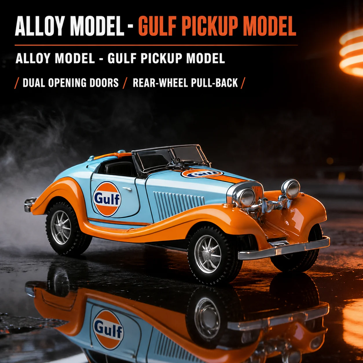 1:36 Die-Cast Classic Car Model, Retro Gulf livery Alloy Car with Pull-Back & Opening Doors, Collectible Display Gift for Adult